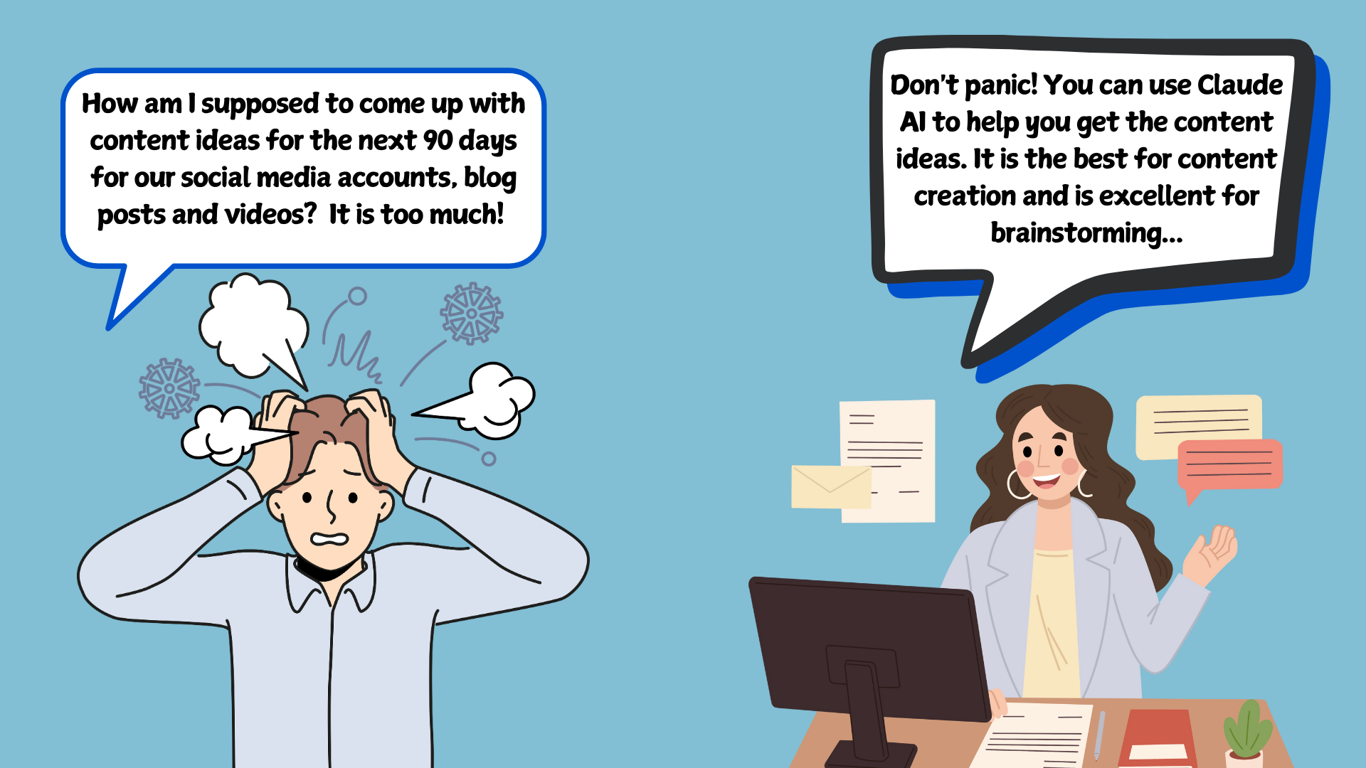 Overwhelmed person struggles with content ideas; colleague recommends Claude AI as one of the best social media tools for ADHD, showcasing AI's potential for content creation and brainstorming