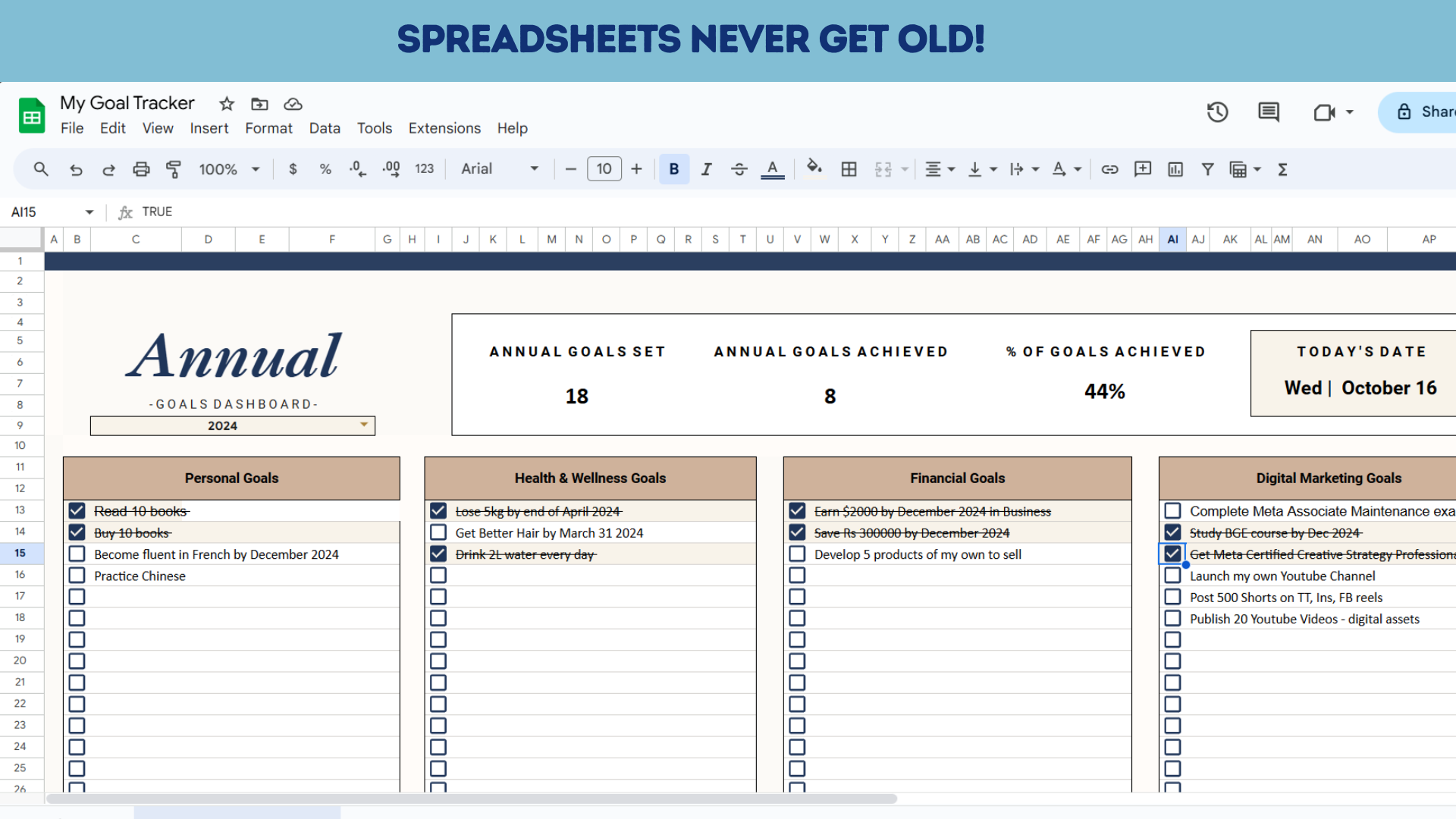 Annual goals spreadsheet tracker, a powerful organizational tool for ADHD professionals managing personal, health, financial, and digital marketing goals, showcasing how spreadsheets can be among the best social media tools for ADHD