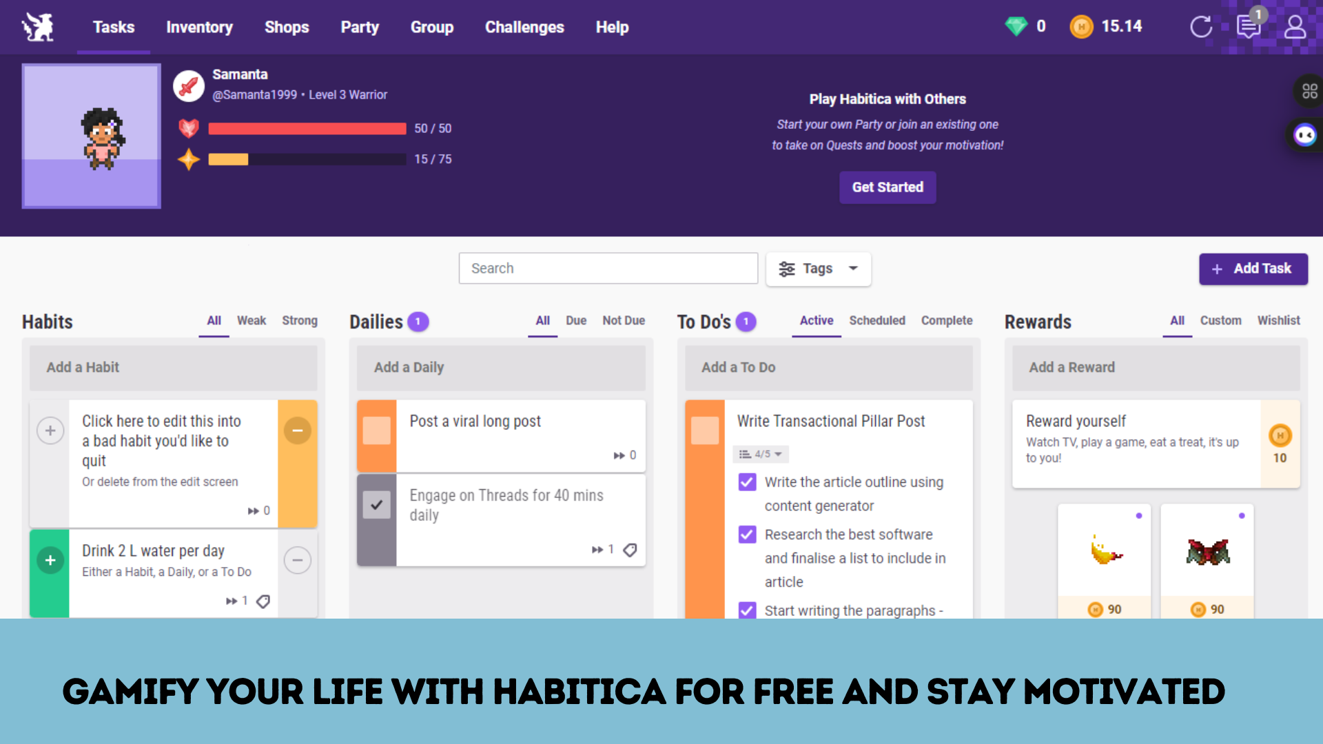 Habitica app interface showcasing gamified task management, ideal for ADHD social media marketers, with habits, dailies, to-dos, and rewards sections, demonstrating why it's among the best social media tools for ADHD professionals