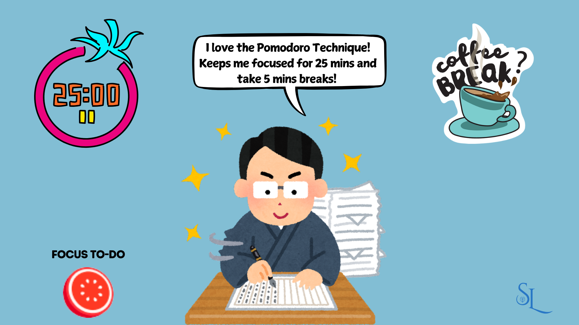 Cartoon illustration of Pomodoro Technique for ADHD productivity: Man focused on work with 25:00 timer, 'Focus To-Do' app, and coffee break sticker, showcasing effective time management for social media marketers with ADHD