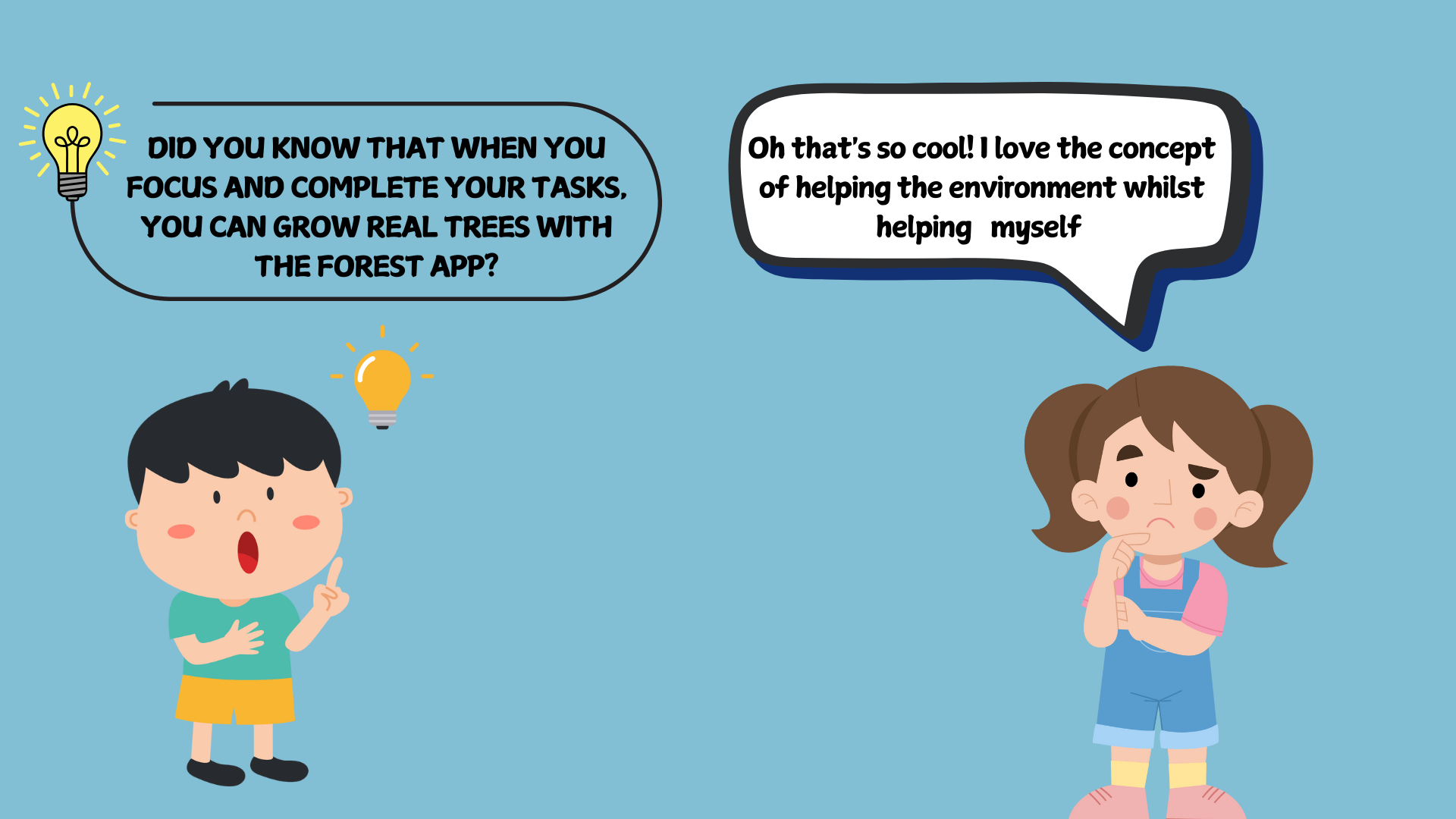 Cartoon dialogue about Forest app: Boy explains how completing tasks grows real trees, girl excited about eco-friendly ADHD productivity tool, illustrating innovative focus strategies for social media marketers with ADHD