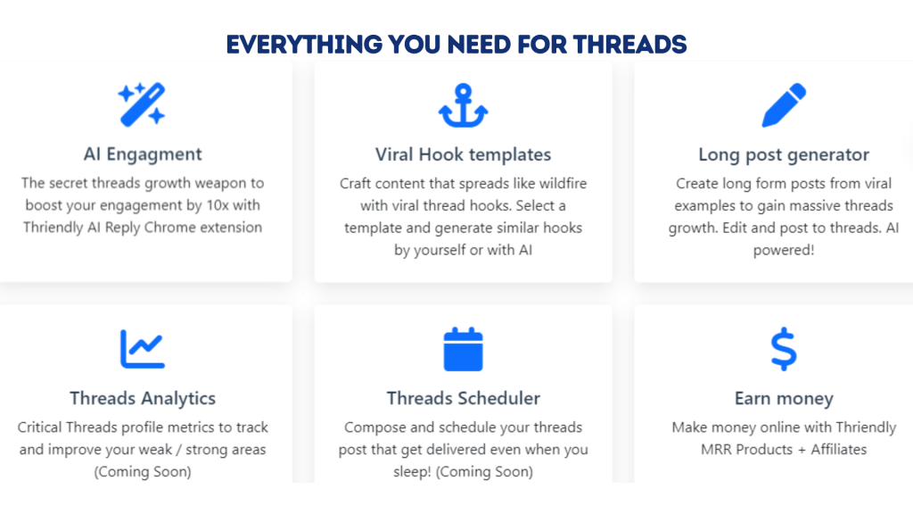 Infographic: 'Everything You Need for Threads' showcasing six tools - AI Engagement, Viral Hook templates, Long post generator, Threads Analytics, Threads Scheduler, and Earn money options - with brief descriptions and icons, emphasizing growth and efficiency on the Threads platform