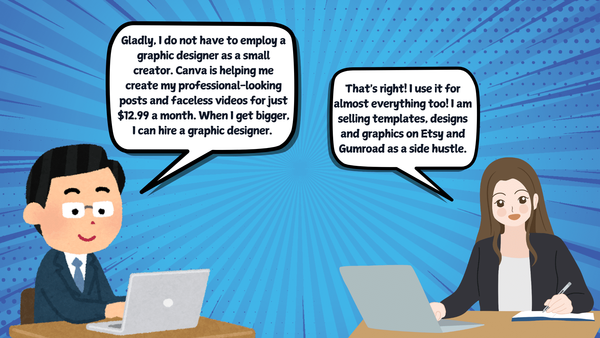 Comic-style illustration of two professionals discussing Canva. A man in a suit at a laptop says Canva helps him create professional content for $12.99 monthly without hiring a designer. A woman replies she uses it to sell designs on Etsy and Gumroad as a side hustle. Blue background with radiating lines for emphasis.