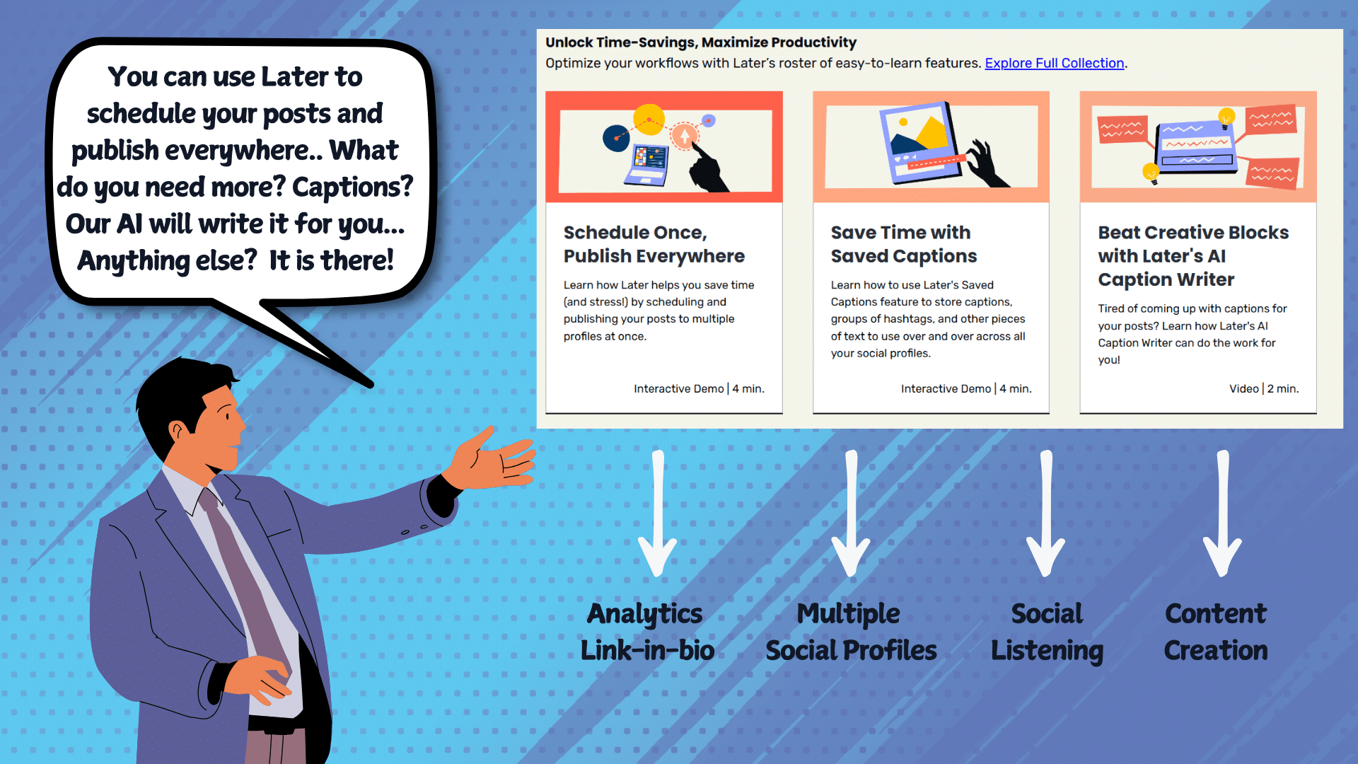 Picture of a man presenting the features of Later - a social media management tool