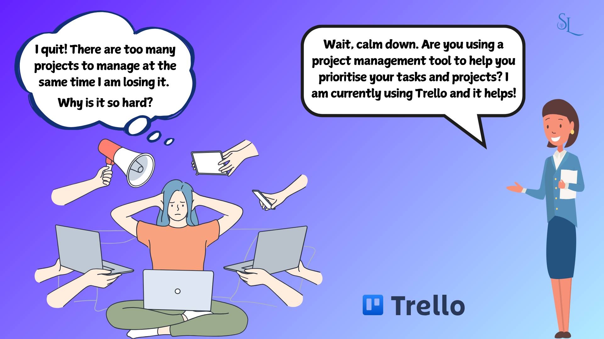 Comic-style illustration showing two characters. On the left, a stressed person surrounded by floating laptops, papers, and a megaphone thinks 'I quit! There are too many projects to manage at the same time. I am losing it. Why is it so hard?' On the right, a calm businesswoman suggests using Trello as a project management tool to help prioritize tasks and projects. Trello logo at the bottom.
