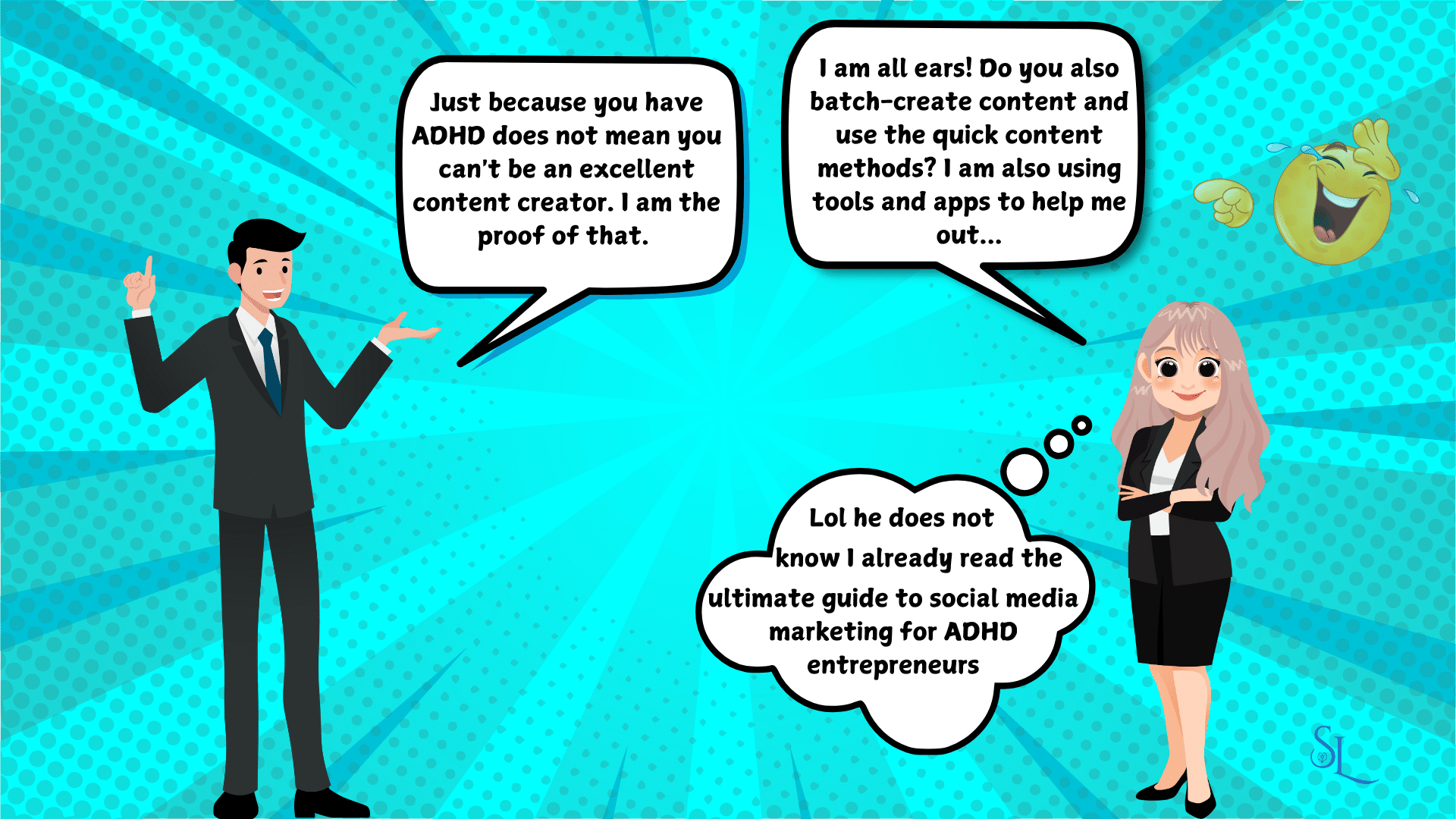Photo of two people talking about creating content when you have ADHD. The woman already read this guide and therefore knows about all the tips. 