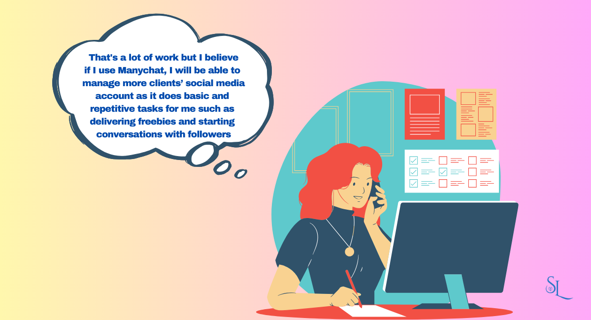 An illustration of a woman with red hair working at a computer desk, with a thought bubble expressing how Manychat will help manage social media tasks and client interactions. The background features a gradient from yellow to pink