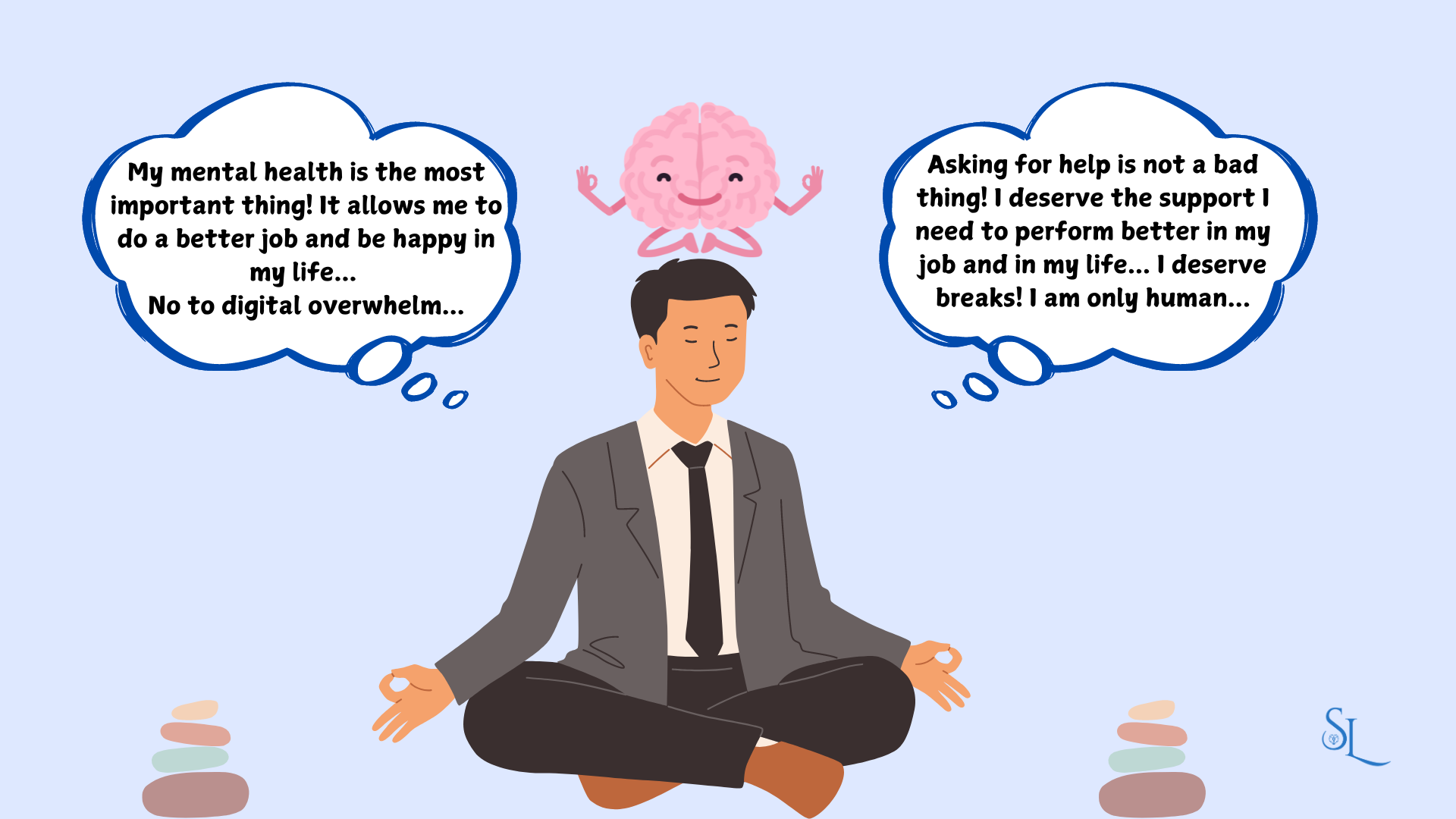A working professional sitting in a meditation pose thinking about how his mental health is important and it is not bad to ask for help