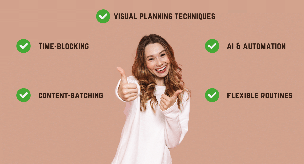 Copy
alt="ADHD productivity strategies featuring time-blocking, content-batching, AI automation, and flexible routines with a smiling woman giving thumbs up on warm beige background