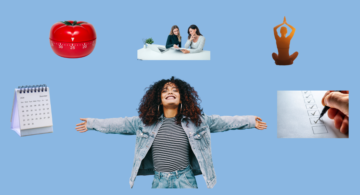Woman celebrating breaking free from ADHD paralysis, surrounded by productivity tools like timer, calendar, checklist, and wellness symbols showing triumph over task initiation challenges