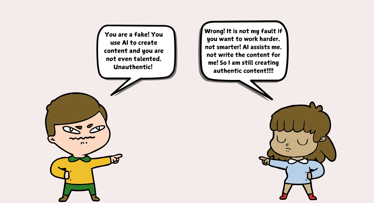 Two cartoon illustrations: First shows a content creation guide with 5 ADHD-friendly hacks. Second shows two characters in a dialogue, where one accuses the other of being inauthentic for using AI, while the other defends using AI as a smart assistance tool
