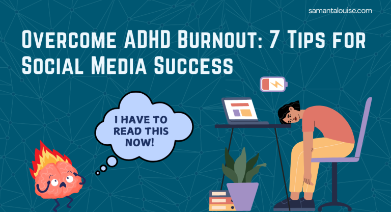 ADHD burnout social media tips - illustrated guide with tired entrepreneur and motivational flame character