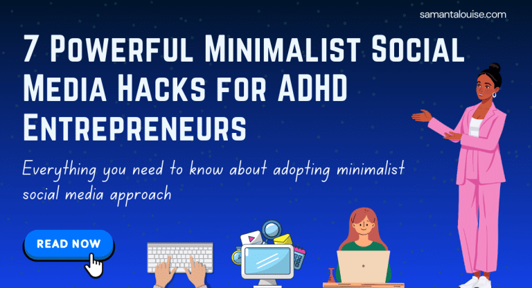7 Minimalist Social Media Hacks for ADHD Entrepreneurs - illustrated header with woman in pink suit and productivity icons