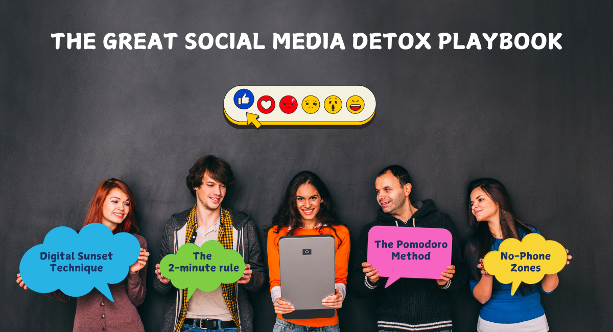 The Great Social Media Detox Playbook featuring 4 key strategies: Digital Sunset Technique, 2-minute rule, Pomodoro Method, and No-Phone Zones, with social media reaction icons
