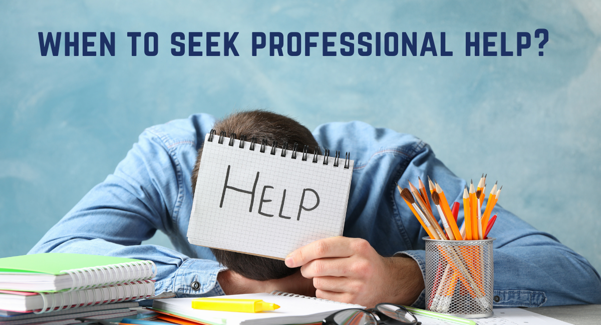 ADHD professional seeking help - exhausted person at desk with 'HELP' written note, study materials, and office supplies showing burnout signs