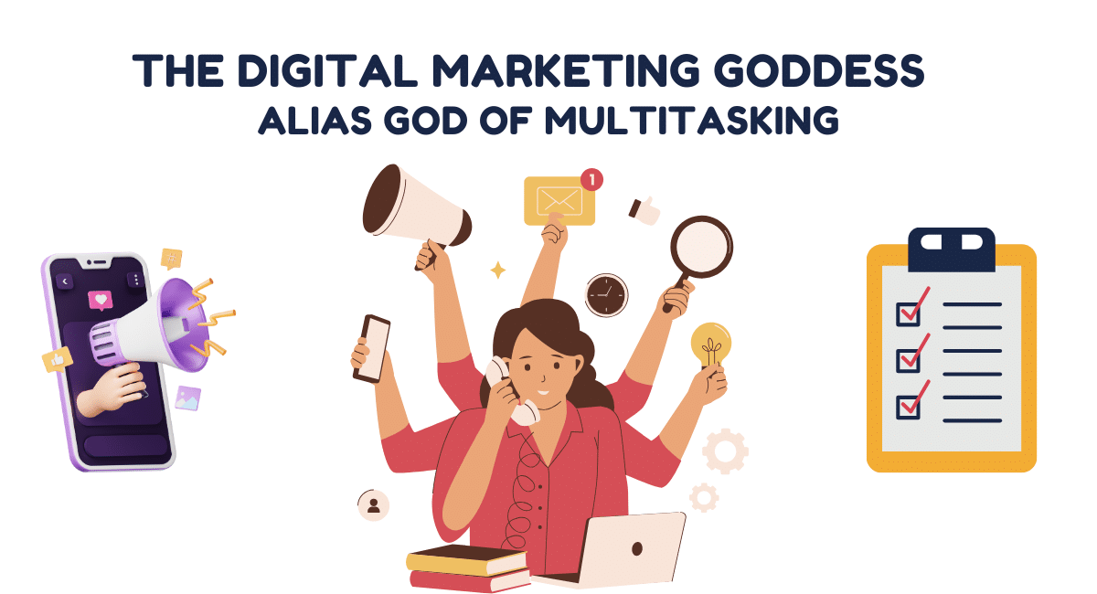 Digital marketing multitasking illustration showing professional with multiple arms managing phone, laptop, megaphone, and checklist