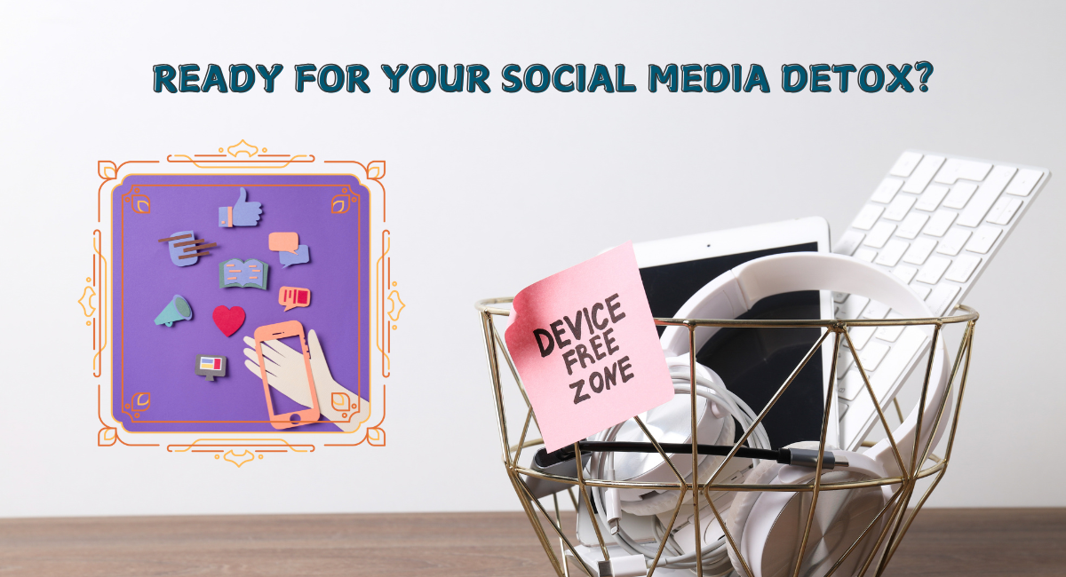 Social media detox concept: Framed social icons next to a 'Device Free Zone' basket with digital devices