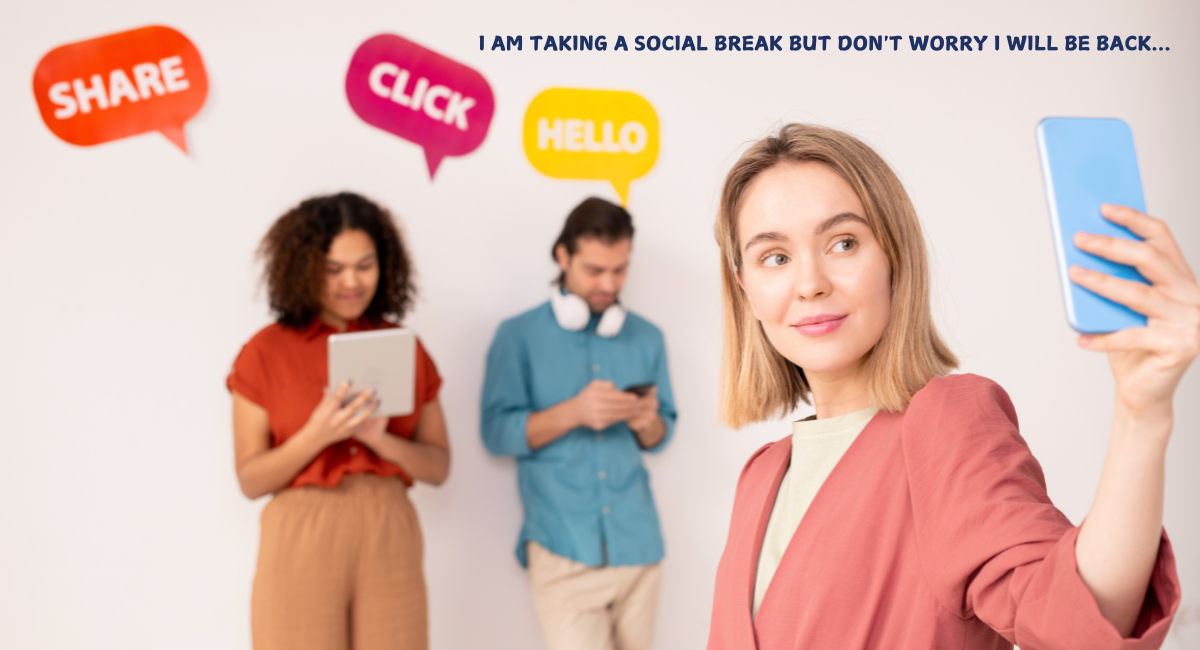 Social media break announcement with three people using devices and speech bubbles showing 'SHARE', 'CLICK', and 'HELLO' against white background