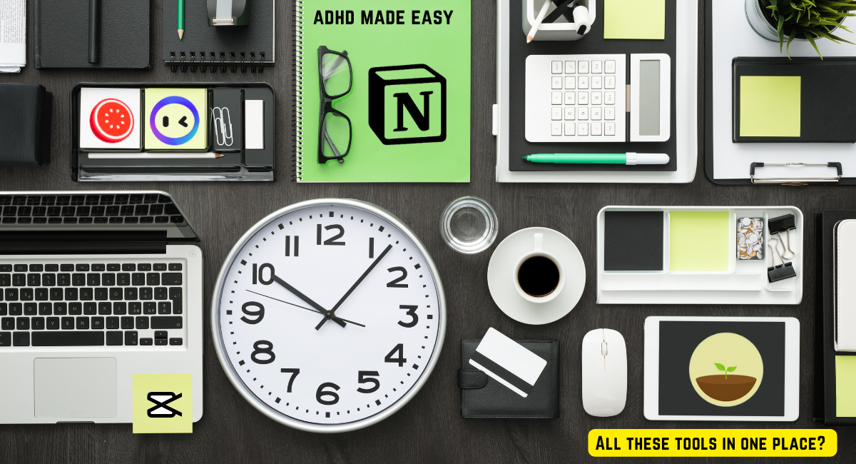 a clock and office supplies on a desk