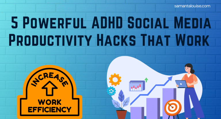 ADHD social media productivity hacks infographic with blue gradient background. Features work efficiency icon in orange, growth chart, and illustration of person with laptop. Includes productivity tools and target icons.