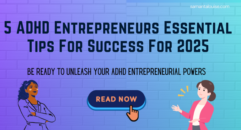 ADHD entrepreneurs success tips 2025 - colorful gradient banner featuring illustrated diverse business women, a call-to-action button, and text 'BE READY TO UNLEASH YOUR ADHD ENTREPRENEURIAL POWERS' on a modern brick background