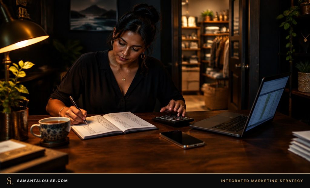 Mauritian boutique owner planning her marketing budget at her desk