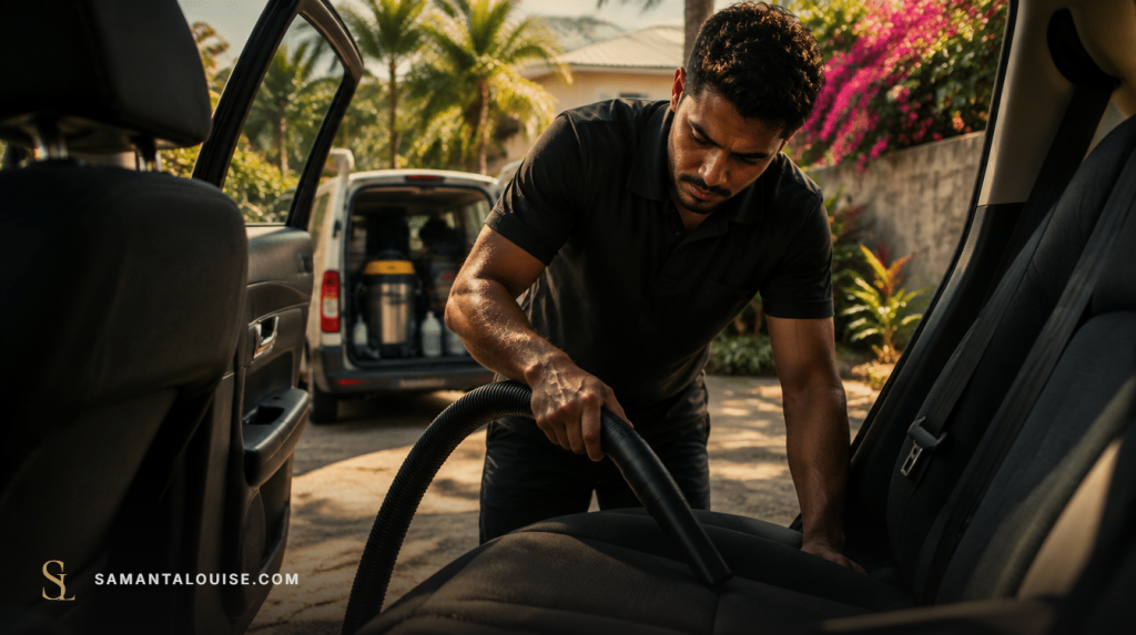 A mobile car valeter cleaning a car interior in the driveway of a home in Mauritius