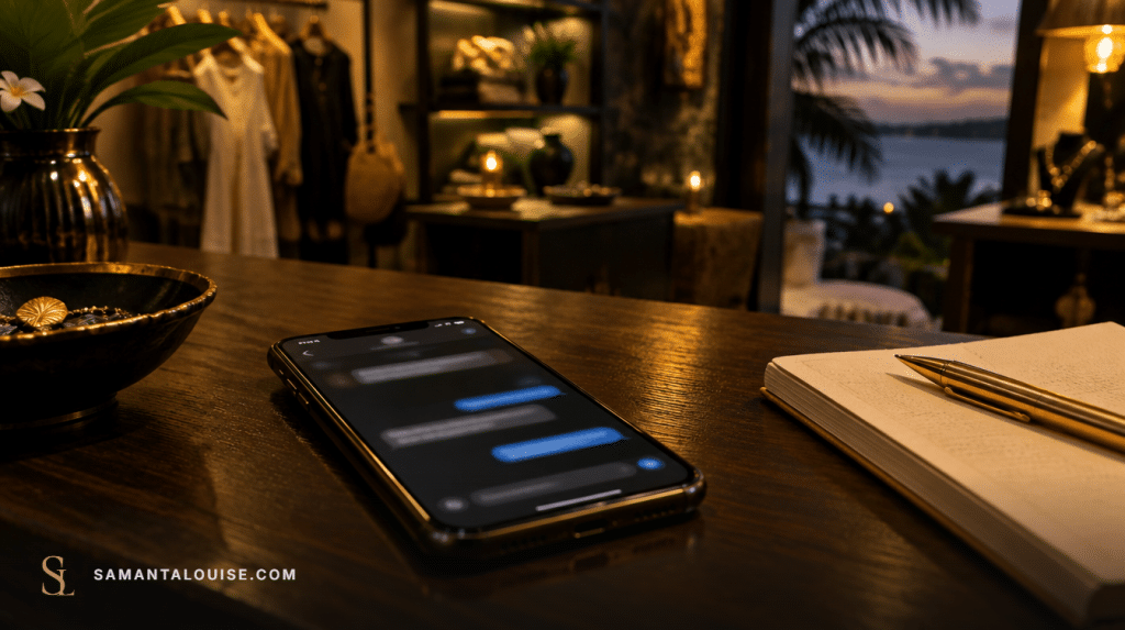 A smartphone showing a customer chat on a boutique counter, where many Mauritian sales start