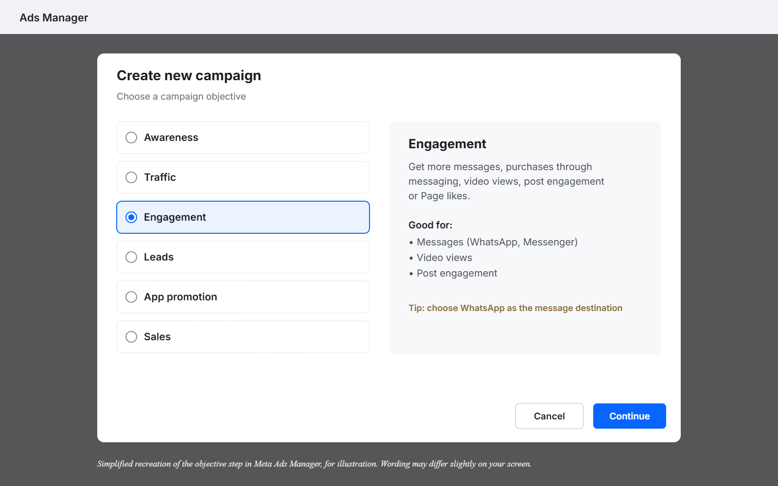 Simplified recreation of the Ads Manager create campaign screen with the six objectives and Engagement selected