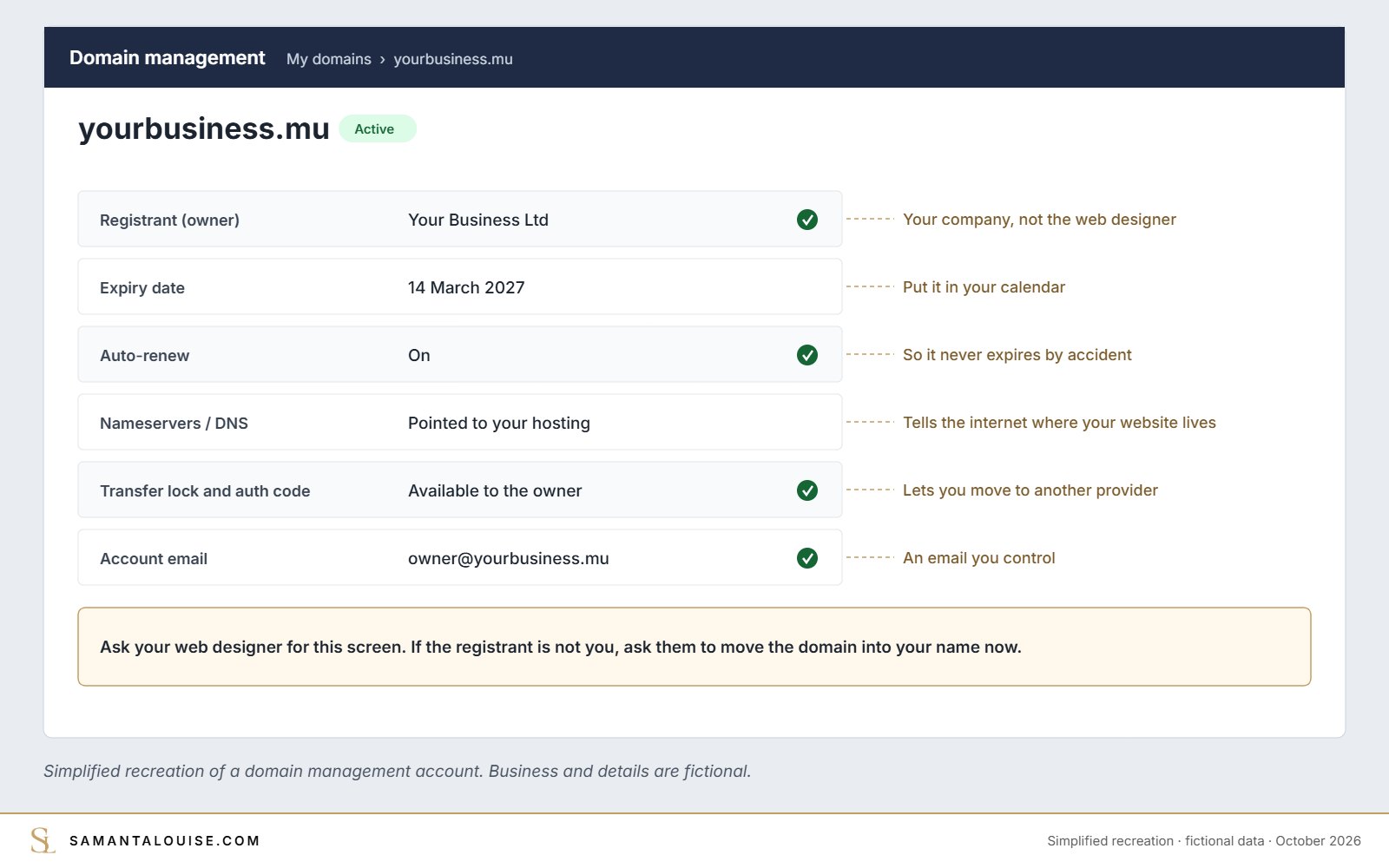 Domain management account showing the business as registrant, simplified recreation