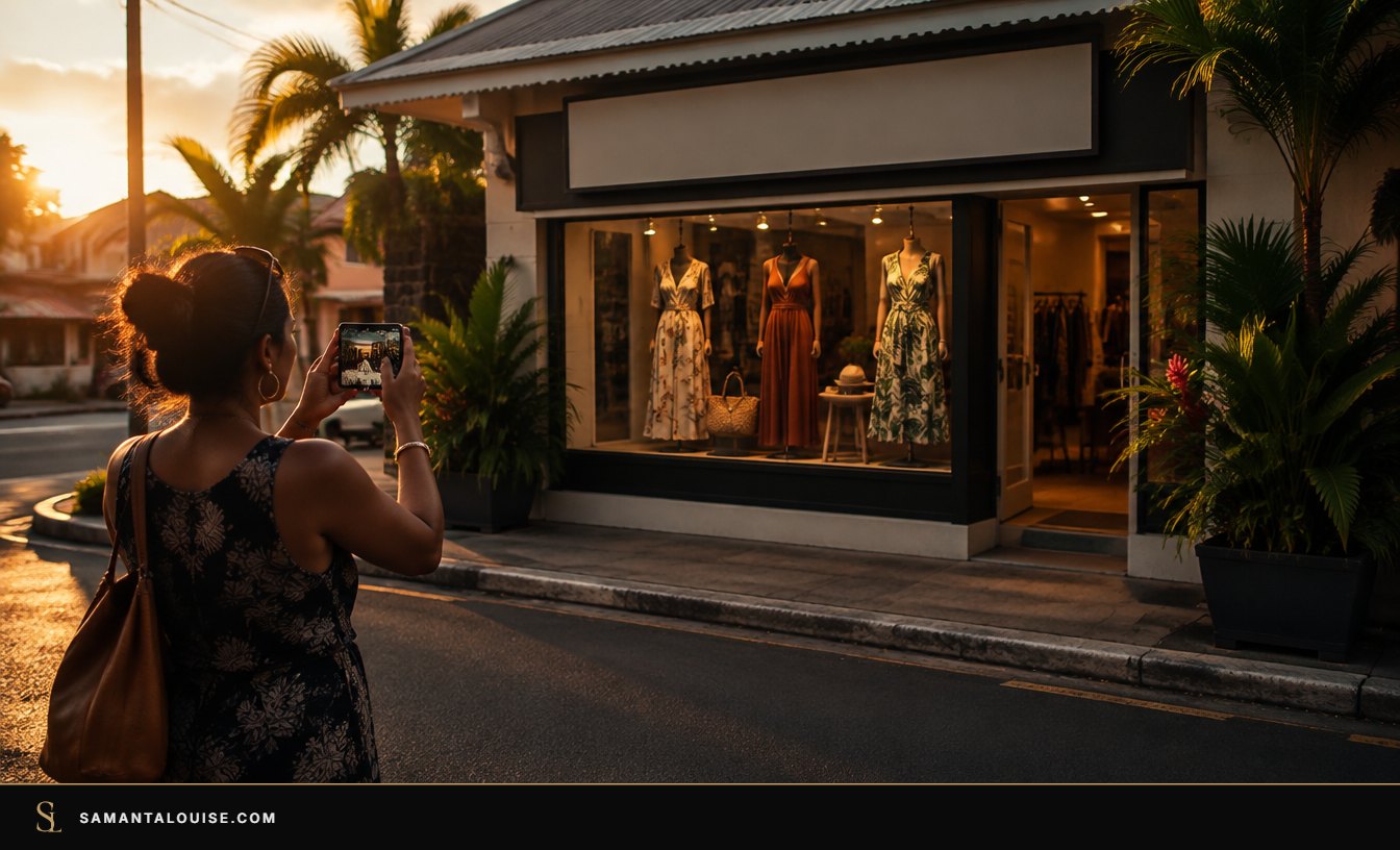Google My Business photos: a boutique owner in Mauritius photographing her shopfront from across the street