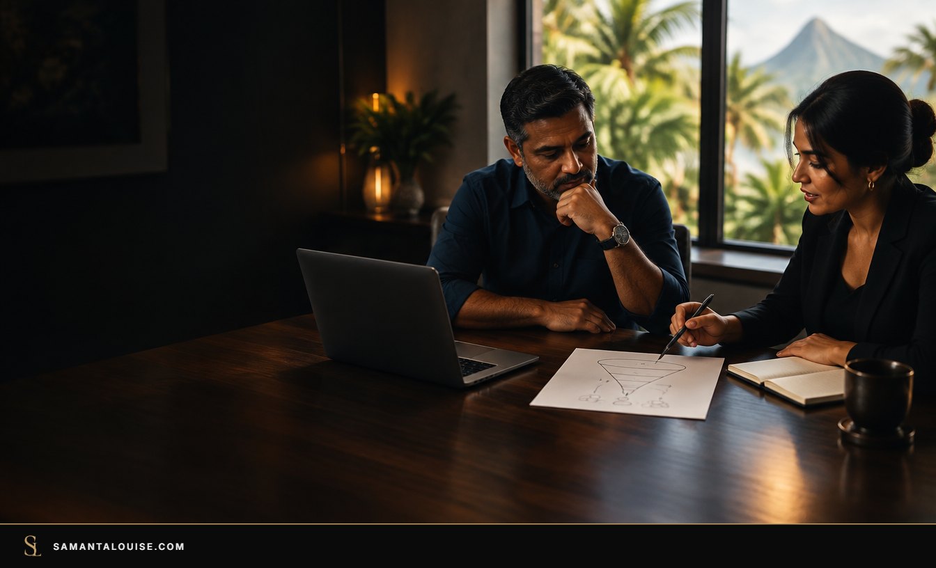 Marketing agency Mauritius: a business owner and a marketing consultant reviewing a one-page plan together