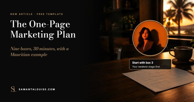 Free one-page marketing plan template for small businesses in Mauritius, by Samanta Louise