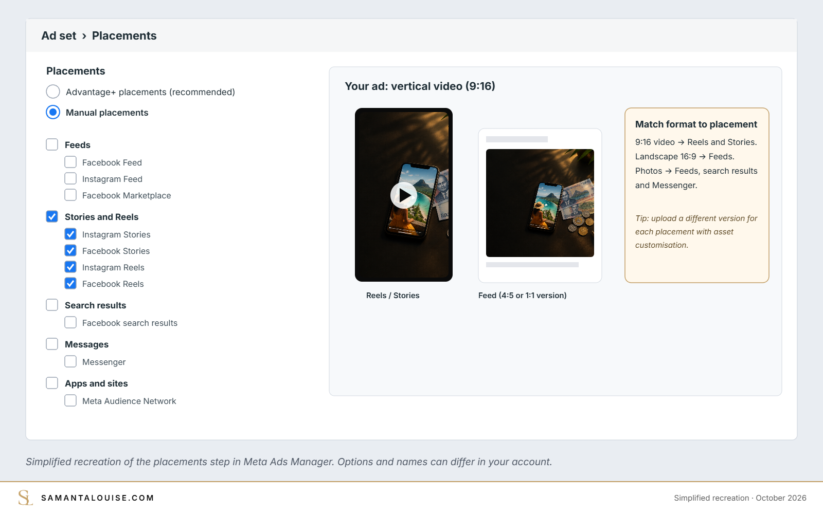 Simplified recreation of the placements step in Meta Ads Manager with Stories and Reels selected for a 9:16 video