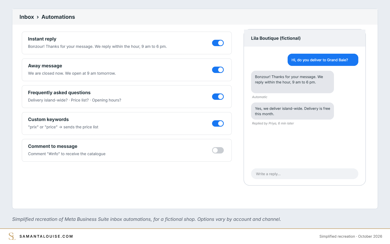Simplified recreation of Meta Business Suite inbox automations with instant reply, away message, FAQs and keywords for a fictional shop