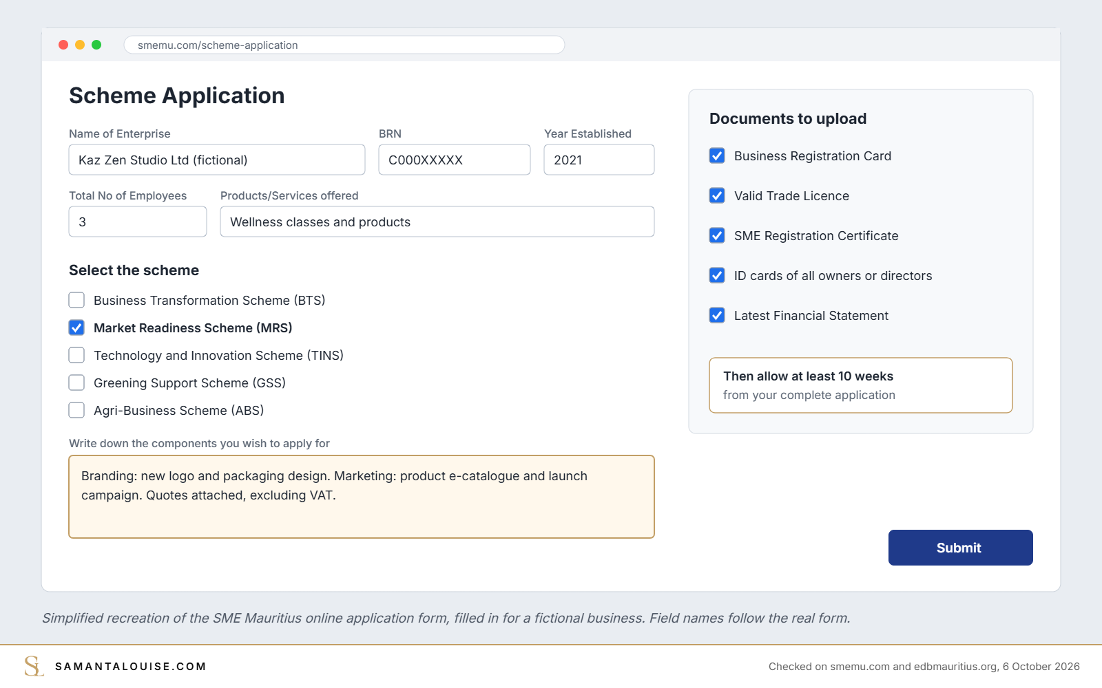Simplified recreation of the SME Mauritius online scheme application form with the Market Readiness Scheme selected and the documents to upload