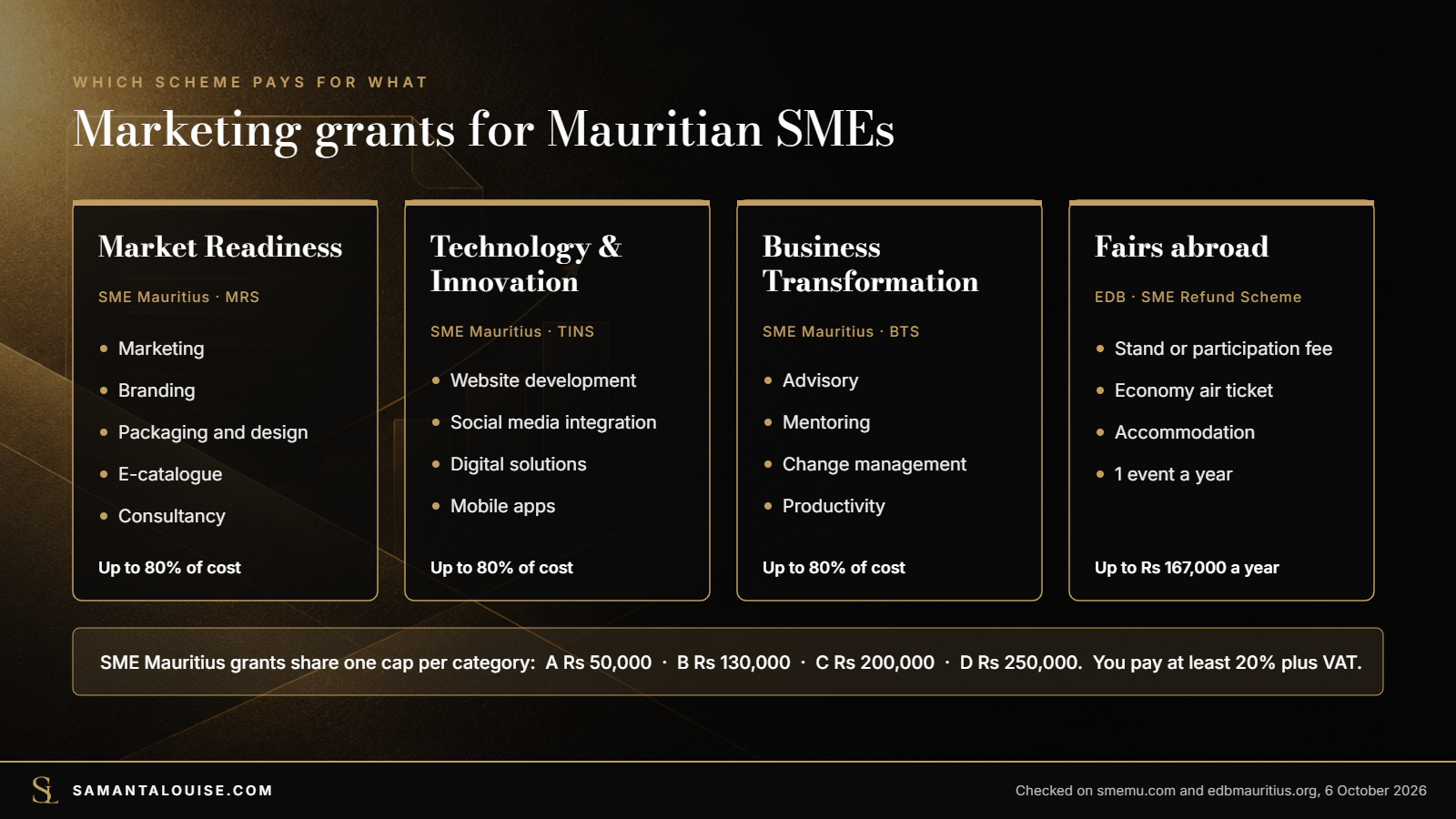 Which SME Mauritius scheme pays for what: Market Readiness, Technology and Innovation, Business Transformation, and the EDB SME Refund Scheme for fairs
