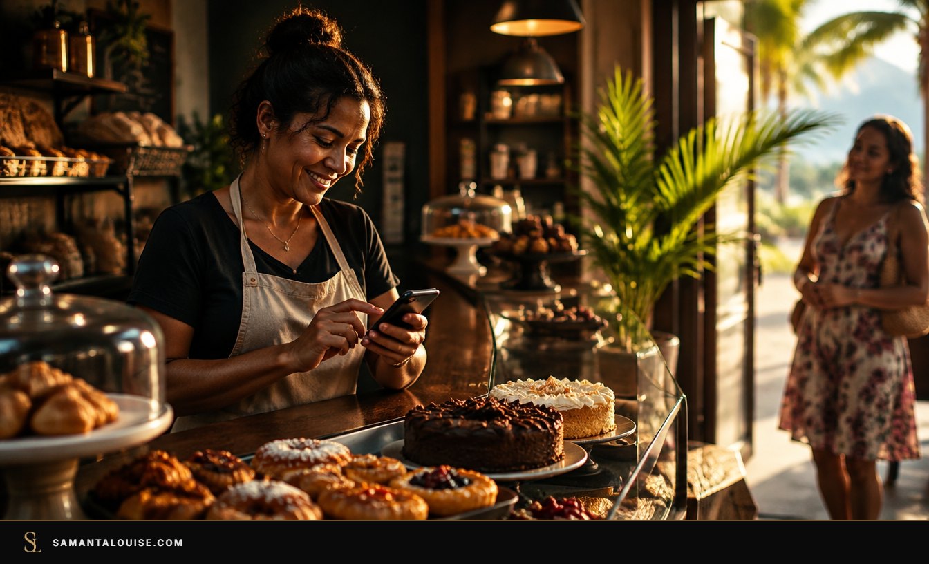 WhatsApp Business in action: a bakery owner in Mauritius replying to a customer message from her shop counter