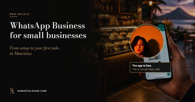 Samanta Louise beside the title WhatsApp Business for small businesses: from setup to your first sale, in Mauritius